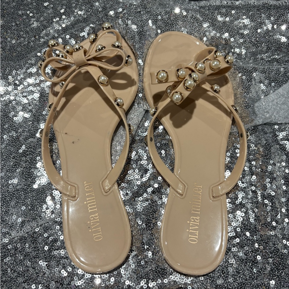 Olivia Miller Tan Sandals with Bow and Pearl Accents